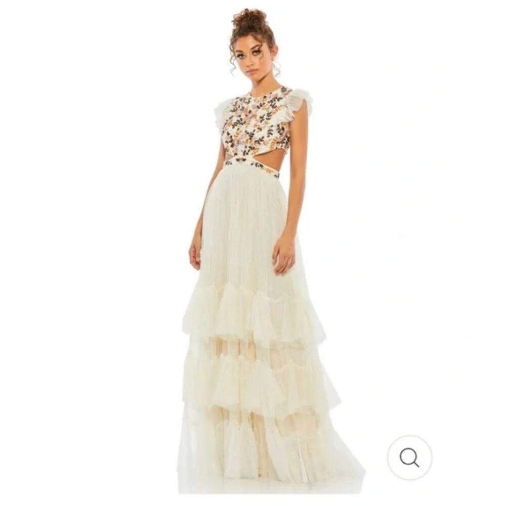 Mac Duggal 35106 Embroidered Bodice Cap Sleeve Ruffle Tiered Gown Size 12